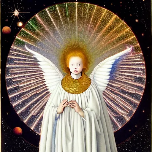 Prompt: highdetailed hyperrealistic painting of white angel!!! no gender!!!, giant ball of miracle light from the chest!!!!!, white sparkles everywhere, lot of fire and stars overhead!!!, by jan van eyck, holography space, glow effect, large strokes, soft and clean, white monochrome color