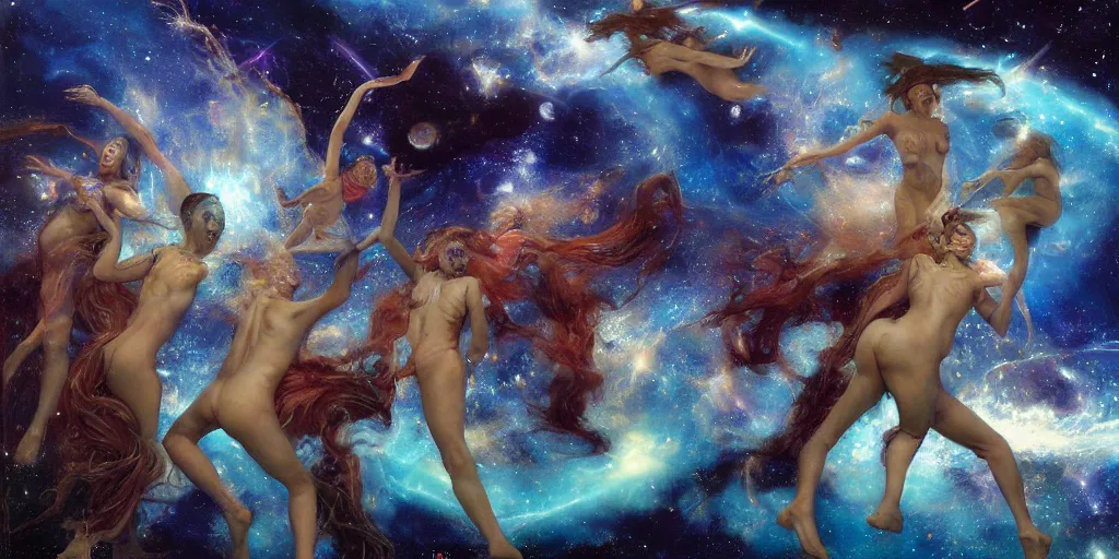 Prompt: supernova, space mermaids in space costumes, stars, painted by steve mccurry, ruan jia, raymond swanland, lawrence alma tadema, zdzislaw beksinski, norman rockwell, jack kirby, tom lovell, alex malveda, greg staples