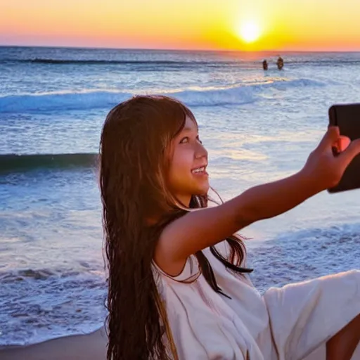 Prompt: A girl with a monkey face and long hair taking a selfie on the beach while there is a sunset