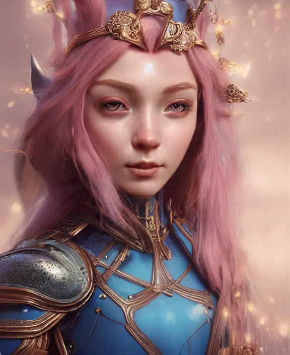 Prompt: a beautiful and highly detailed digital portrait of a dignified elf with long blue hair in rose gold armor by artgerm and nina tryggvadottir, centered, artsation contest winner, cgsociety, fantasy art, cryengine, concept art, photorealism, daz 3 d, sketchfab, zbrush, vray