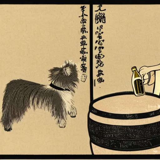 Image similar to Japanese woodblock print of a westie bottling wine next to a barrel