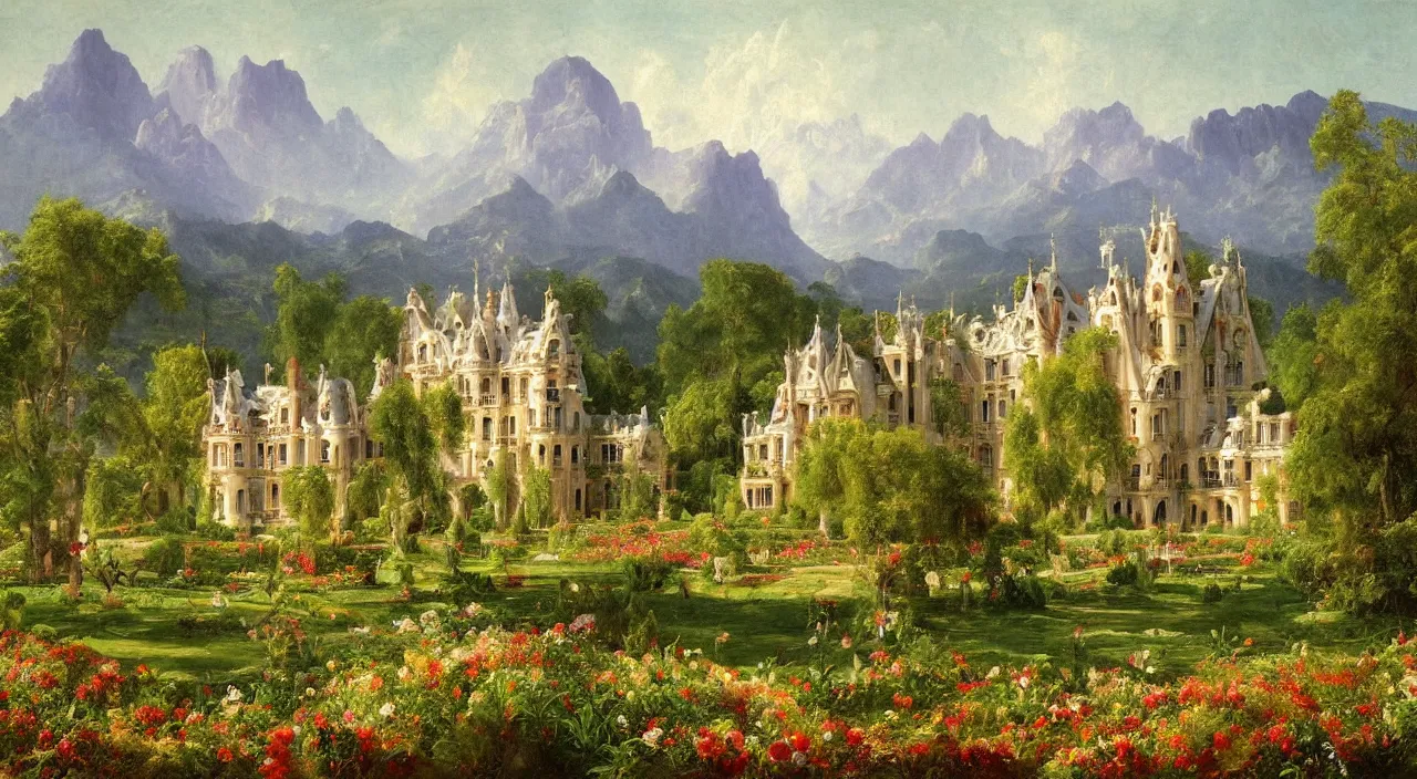 Prompt: a landscape painting of a manor designed by Antoni Gaudí, with flower fields as foreground, with mountains as background, by Thomas Cole