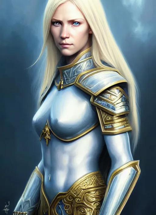 Image similar to a _ fantasy _ style _ portrait _ painting _ of white female paladin with blonde hair and blue eyes shy, scar under left eye, holy oil _ painting _ unreal _ 5 _ daz. _ rpg _ portrait _ extremely _ detailed _ artgerm _ greg _ rutkowski _ greg