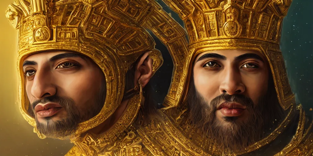 Image similar to highly detailed portrait of agharta ´ s king brightening on gold majestic in the entrance kingdom of agharta, land of advanced races, giant, hollow earth infographic, hiperrealistc, global illumination, radiant light, detailed and intricate environment, trending on artstation, art by oleg oprisco, 8 k