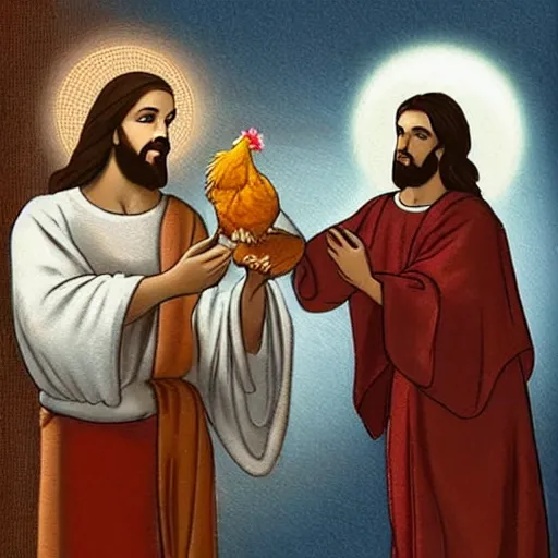 Image similar to jesus handing over a chicken to you as a present