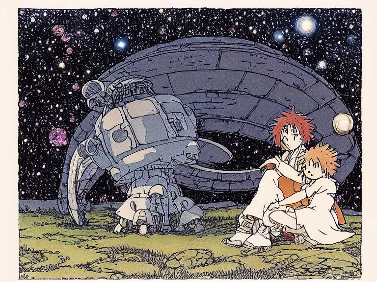 Image similar to cell shaded studio ghibli movie still fantasy concept art of a ufo from howl's moving castle sitting on stonehenge like a stool. it is a misty starry night. by rebecca guay, michael kaluta, charles vess