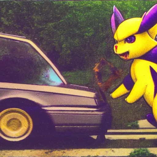 Image similar to 90s vignette photo of Renamon from Digimon washing a 90s car in a suburban neighborhood, realistic Polaroid picture, weathered artifacts