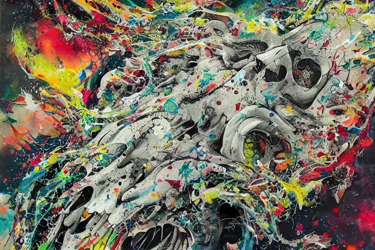 Image similar to a splattered action painting by jackson pollock showing a skull, ultradetailed, fine art painting, peter mohrbacher, moebius, skull carving, frottage, watercolor, acrylic, multilayered paint, spectacular splatter explosion, psychedelic art