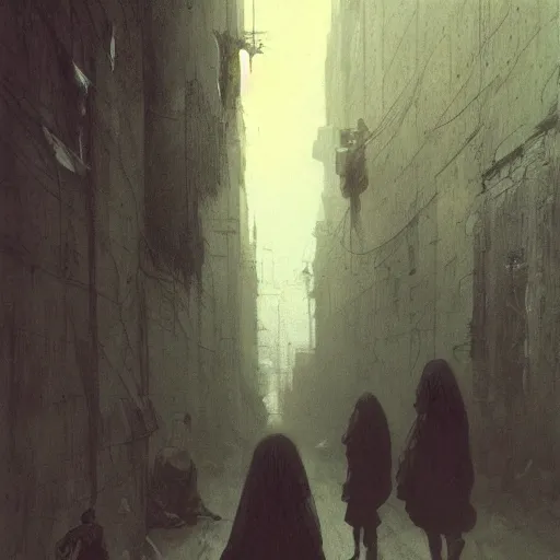 Image similar to dark alley full of homeless children, somber, by beksinski and jeremy mann and alphonse mucha and stan lee, fantasy art, photo realistic, dynamic lighting, artstation, poster, volumetric lighting, very detailed faces, award winning, full face, symmetry