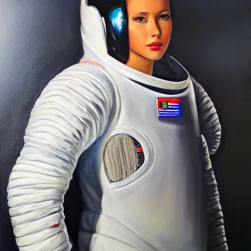Image similar to fashion model in futuristic astronaut suit, full body portrait, hyperrealism oil painting