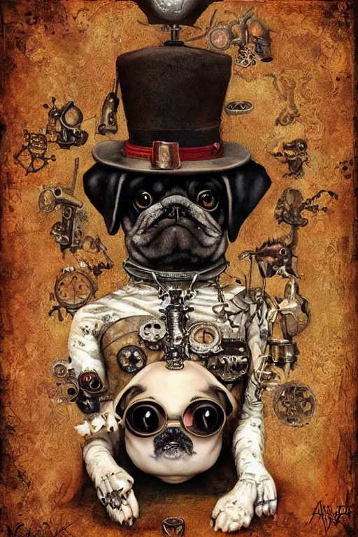Prompt: voodoo pug, made of bones, spooky, magic realism, steampunk, mysterious, vivid colors, by mark ryden, tom bagshaw, trevor brown