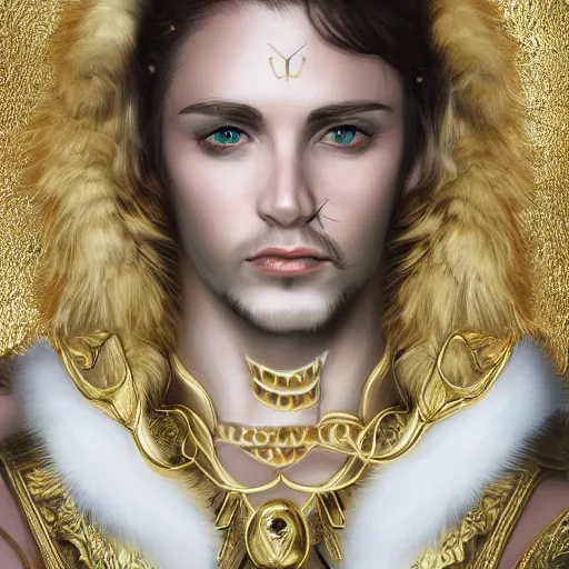 Image similar to portrait of a white human panter with a very long fur and gold jewelry, fantasy, trending on artstation, heroic pose, illustration, highly detailed, simple, 8k