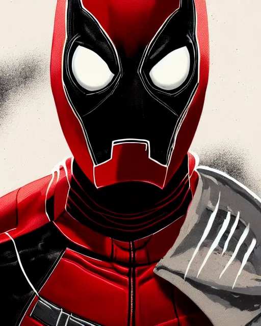 Image similar to highly detailed closeup portrait of a mutated venom symbiote in iron man suite suit with deadpool host, wearing black hoodie by atey ghailan, by greg rutkowski, by greg tocchini, by james gilleard, by joe fenton, by kaethe butcher, red, black, crimson and white color scheme, background is graffiti tag wall