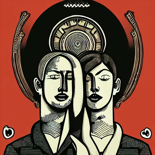 Image similar to perfectly centered symmetrical split male and female portrait of man and woman in love sharing one heart. illustration, highly detailed, simple, no jagged lines, smooth, artstation, artwork by ravi zupa