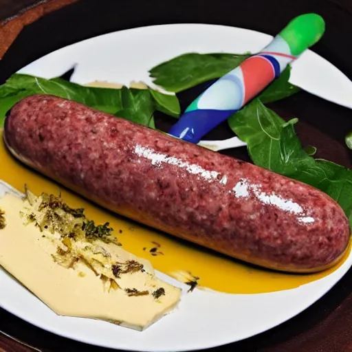 Prompt: a sausage rocket lands on a cheese planet