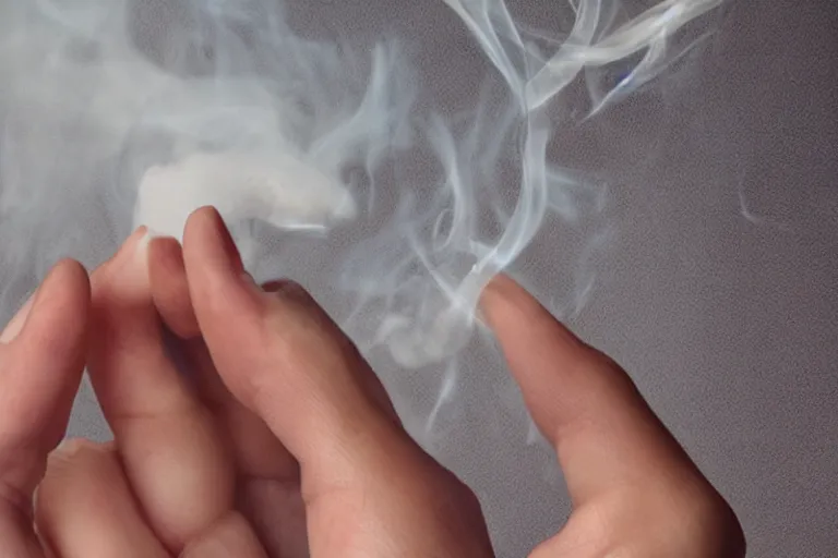 Prompt: Close-up of thin soft hand, five fingers, hand with cigarette with smoke, hand with five fingers, hyper realistic, high details, photo, super resolution