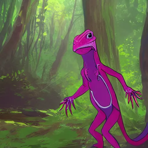 Image similar to concept art painting of an anthropomorphic humanoid lizard wearing magenta wizard robes, in the deep forest, realistic, detailed, cel shaded, in the style of makoto shinkai and greg rutkowski and james gurney