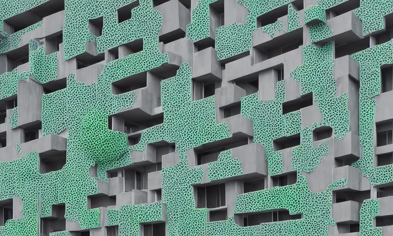 Prompt: african algae concrete additive printed multifamily modern architecture, colorful geometric exterior rain - screen cladding, architectural sculptural interior, visually satisfying architecture render in vray