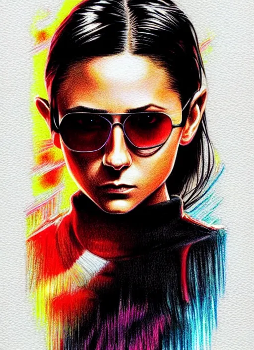 Image similar to ultra intricately composed color pencil illustration of nina dobrev in the movie leon the professional. beautiful shadowing, 3 d shadowing, reflective surfaces, illustrated completely, 8 k beautifully detailed pencil illustration, extremely hyper - detailed pencil illustration, intricate, epic composition, very very kawaii, masterpiece, bold complimentary colors. stunning masterfully illustrated by artgerm and range murata.