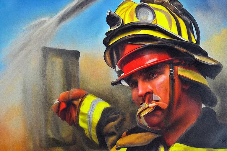 Image similar to fireman jeck, painting, ultra realistic!!!, clear weather, golden hour, sharp focus