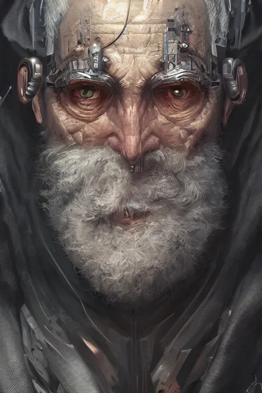 Image similar to ultrarealistic illustration old man cyborg, cyberpunk, sci - fi fantasy, intricate, elegant, highly detailed, digital painting, artstation, concept art - g