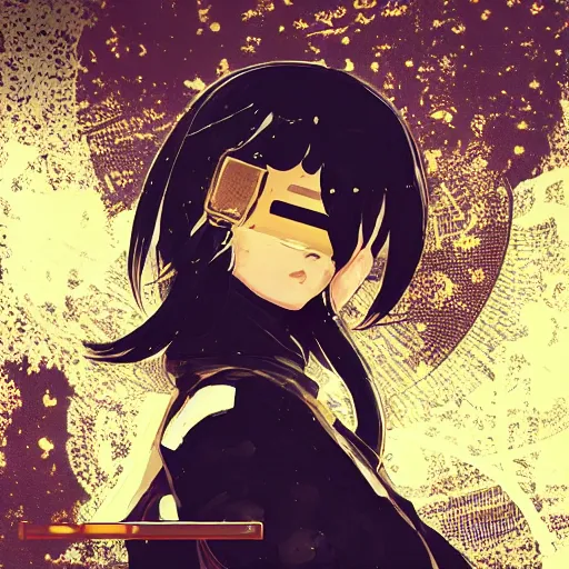 Image similar to Frequency indie album cover, luxury advertisement, golden filter, golden and black colors. A clean and detailed post-cyberpunk sci-fi close-up schoolgirl, she is very powerful, in asian city in style of cytus and deemo, mysterious vibes, by Tsutomu Nihei, by Ilya Kuvshinov, by Greg Tocchini, nier:automata, Yorda from Ico and Lain Iwakura, set in half-life 2, beautiful with eerie vibes, very inspirational, very stylish, with gradients, surrealistic, dystopia, postapocalyptic vibes, depth of field, mist, rich cinematic atmosphere, perfect digital art, mystical journey in strange world, beautiful dramatic dark moody tones and studio lighting, shadows, bastion game, arthouse