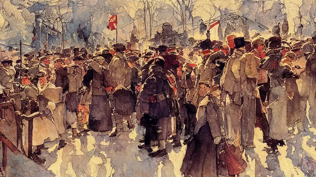 Image similar to russian revolution dieselpunk 1 9 1 0, dusk, drama, painting by carl larsson