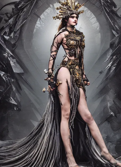 Image similar to expressive full body photo of a emma watson, headpiece made from knives, dress made of swords, glamour shot, by karol bak, by stefan gesell, photorealistic, canon r 3, fashion photography, hyper maximalist, elegant, ornate, luxury, elite, environmental portrait, symmetrical features, octane render, unreal engine, solid dark grey background, dramatic lights