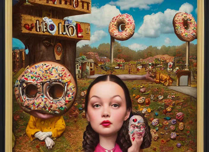 Image similar to the sheriff donut head, lowbrow, matte painting, 3 - d highly detailed, in the style of mark ryden,