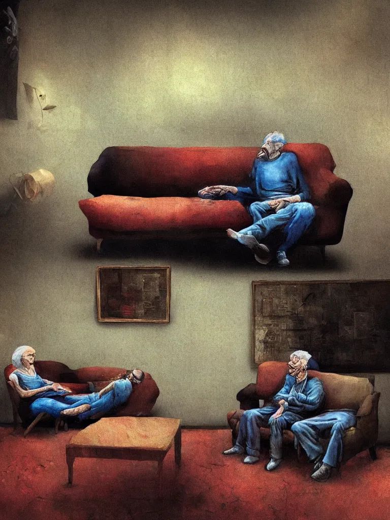 Prompt: highly detailed photo of a very old couple sitting on a couch, psx game graphics , Beksinski painting, part by Adrian Ghenie