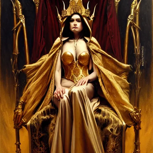 Image similar to full body portrait of hooded queen in gold gothic robes sitting on a throne of bones, elegant, highly detailed painting by gaston bussiere, craig mullins, j. c. leyendecker, 8 k, mid shot