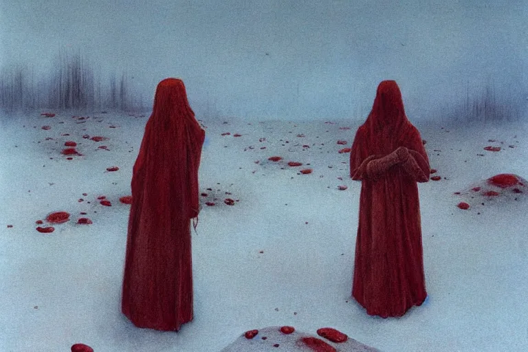 Image similar to a surrealist painting of a lonely woman with pale skin and red hair, standing over pile of bodies in post apocalyptic snowy landscape, painted by zdzisław beksinski