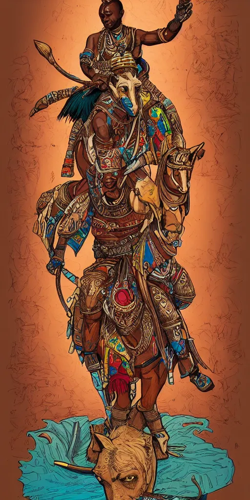 Prompt: portrait of african adventurer riding a fantasy quadruped with tribal decorations and tattoos by moebius, clean line, colorful comics style, artstation