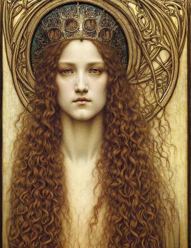 Image similar to detailed realistic beautiful young medieval queen face portrait by jean delville, gustave dore and marco mazzoni, art nouveau, symbolist, visionary, gothic, pre - raphaelite. horizontal symmetry