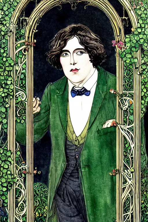 Image similar to realistic portrait of oscar wilde in the center of an ornate gothic gate with ivy, detailed art by kay nielsen and walter crane, illustration style, watercolor