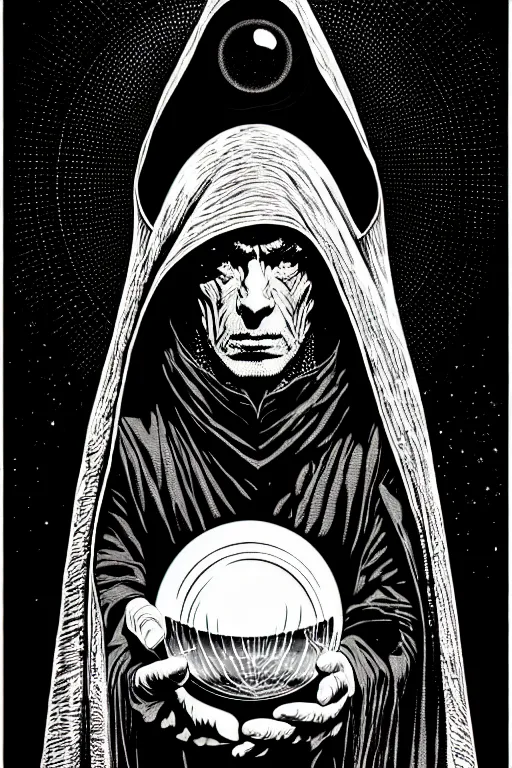 Prompt: wizard in a hooded cloak gazing into a crystal ball, high details, intricately detailed, by vincent di fate, 3 color screen print, masterpiece, trending on artstation, sharp, details, hyper - detailed, hd, 4 k, 8 k