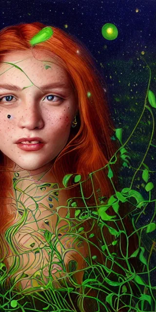 Prompt: infp young woman, smiling amazed, golden fireflies lights, sitting in the midst of nature fully covered, long loose red hair, intricate linework, bright accurate green eyes, small nose with freckles, oval shape face, realistic, expressive emotions, dramatic lights spiritual scene, hyper realistic ultrafine art by michael cheval, jessica rossier, boris vallejo