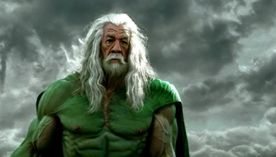Image similar to film still of gandalf starring as the hulk, cnn news footage.