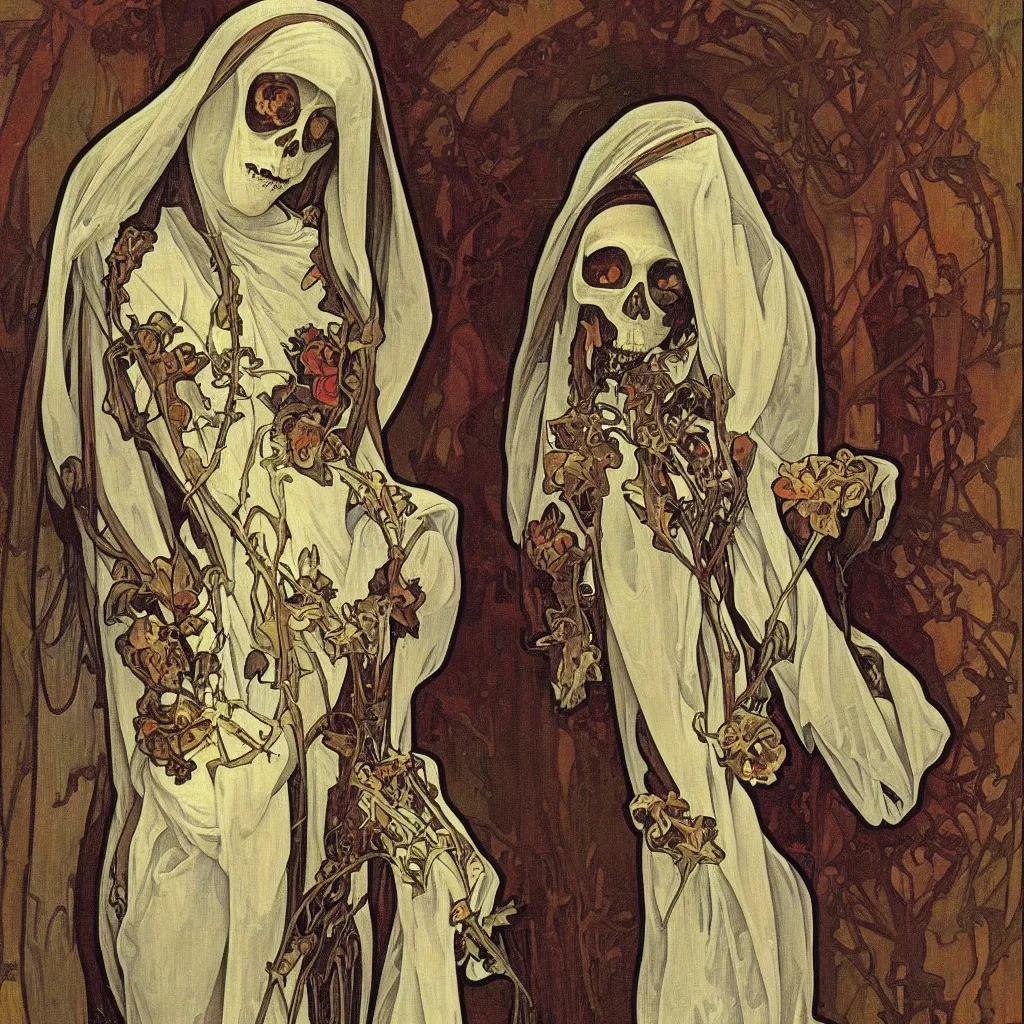 Prompt: a Stunning portrait of a skeleton nun in the style of Realistic,by Alphonse Mucha,oil on canvas