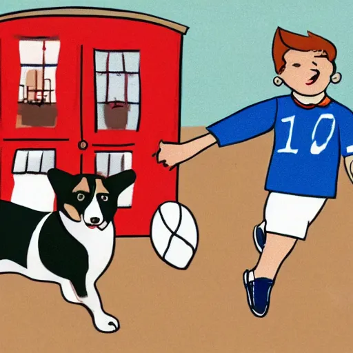 Image similar to illustration of french boy in paris playing football against a corgi, the corgi is wearing a polka dot scarf