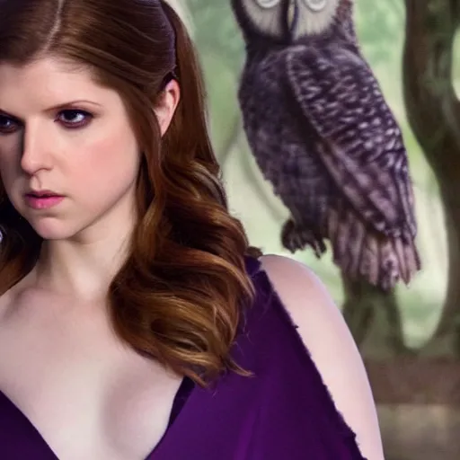 Image similar to Anna Kendrick as the Goddess Minerva with her dark purple toga slipping off her shoulders which her owl is sitting upon 8k resolution hyperdetailed photorealism amazing level of detail and ultra high quality and beautiful