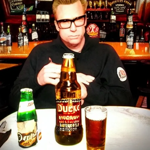 Prompt: Photo of a Duke Nukem sitting with bottle of beer at Irish Pub