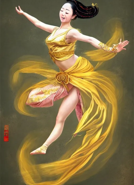 Image similar to full body portrait of a dancer throwing large ribbons, feet, barefoot, full body, vivacious, extremely beautiful, gold jewelry, hanfu, chinese ribbon dance, aerial silk, large flying ribbons, ming dynasty, detailed, realistic face, anatomically accurate, fantasy art, ghostblade, wlop.