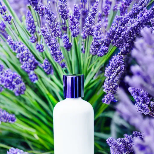 Image similar to cool blue perfume bottle surrounded by a plethora of sparse cool blue and lavendar flowers and green stems, bright white realistic, up close shot, white background, zen, light, modern minimalist f 2 0 clean