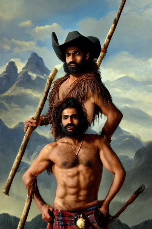 Prompt: a dramatic epic beautiful ethereal painting of a shirtless handsome desi cowboy | he has a hairy chest and is wearing a plaid kilt and cowboy hat, and holding a long wooden staff | background is mountain peaks and clouds | dramatic lighting, golden hour, homoerotic, realistic, art nouveau | by mark maggiori | trending on artstation