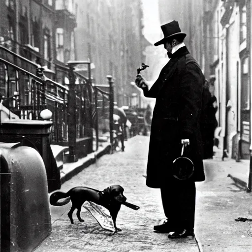 Image similar to a cinematic scene of a steampunk dachsund doing and investigation on a crime scene in 1901 new york streets