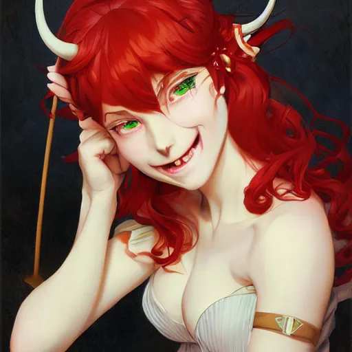 Image similar to a girl with red hair, white eyes, and demon horns with a devious grin. By JC Leyendecker Phuoc Quan. Makoto shinkai