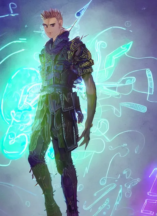 Image similar to character concept portrait of a handsome young wizard with olive skin and buzzed short spiky hairstyle casting a spell with apleasantly surprised expression. glowing runes in swirling neon light, an iridescent spell book hovering in mid-air. glowing magic dust swirling. intricate, elegant, digital painting, concept art, smooth, sharp focus, illustration, from Metal Gear, by Ruan Jia and Mandy Jurgens and Artgerm and William-Adolphe Bouguereau