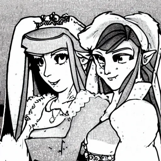 Prompt: photo of the lesbian wedding between princess peach and zelda circa 1 9 8 6