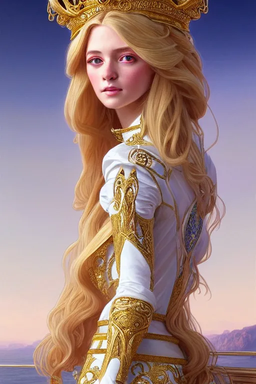 Image similar to portrait of a humanoid princess with long blonde hair, standing next to a beautiful view, ornate white officers outfit with gold embellishments, intricate, elegant, highly detailed, digital painting, artstation, concept art, smooth, sharp focus, illustration, art by artgerm and greg rutkowski and alphonse mucha, 8 k